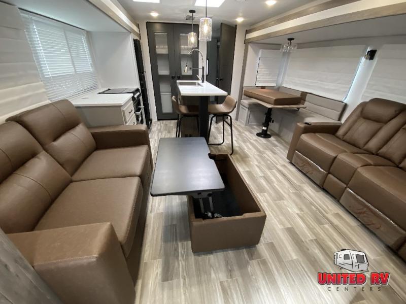 Forest River RV Vibe 3400BH living room with dual sofa and ottoman